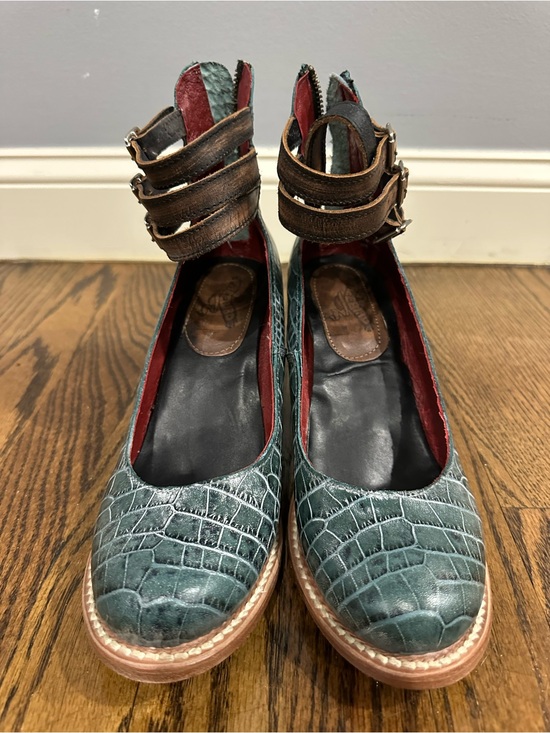 Freebird by Steven Shoes - Freebird by Steven Teal Croc-Embossed Ankle-Strap Flats with Brown Straps